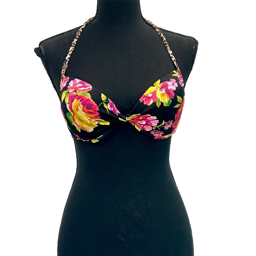 Victoria’s Secret black pink yellow twist front floral flower bikini top Sz 34C